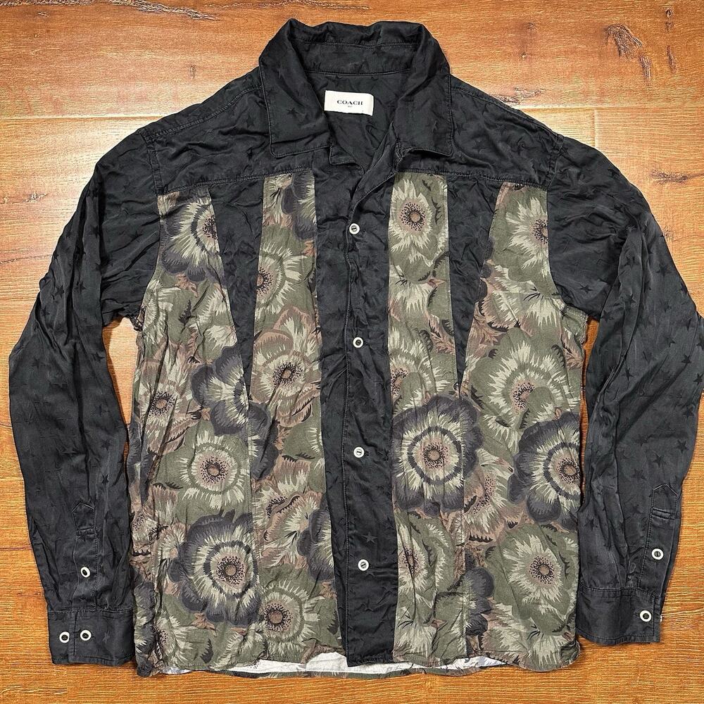 Coach Button Up Shirt Men M Black Floral Star Camp Loop Collar Long Sleeve Retro